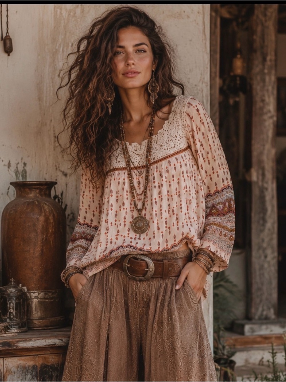 Umgee Bohemian Lace-Yoke Peasant Blouse in Cream and Brown- Small